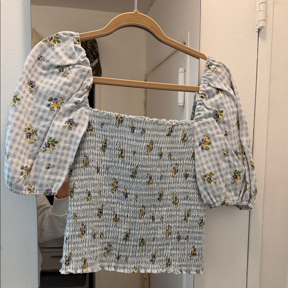 Reformation Blue Floral Smocked Blouse